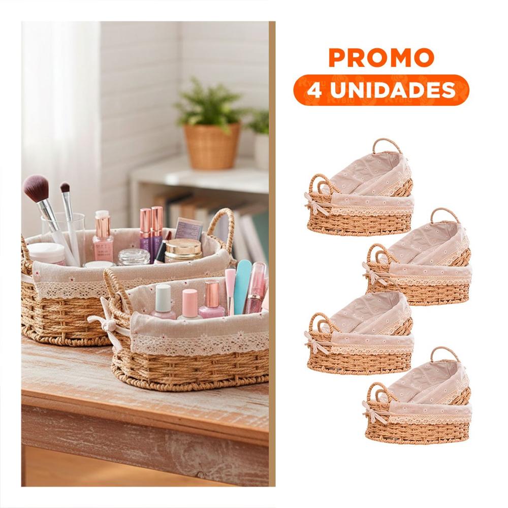 Pack4 Conjunto 2 Contenedor Ovalado Tejido con Forro Beige y Plomo para Organizar Hogar