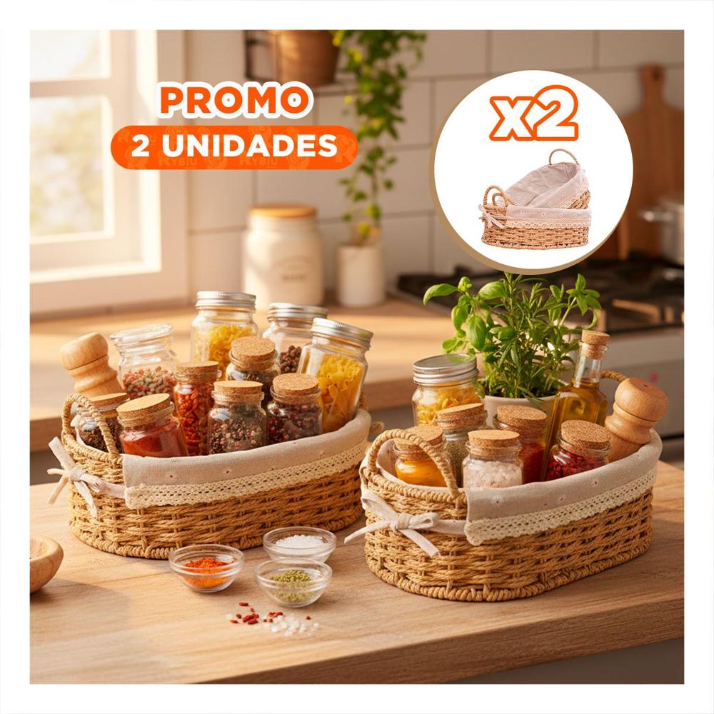 Pack2 Conjunto 2 Cesta Ovalada Tejida con Forro Beige y Plomo para Sala o Dormitorio