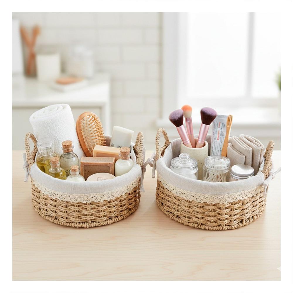 Set 2 Canasto Circular Tejido con Forro Beige y Plomo para Guardar Accesorios Y Papel Regalo