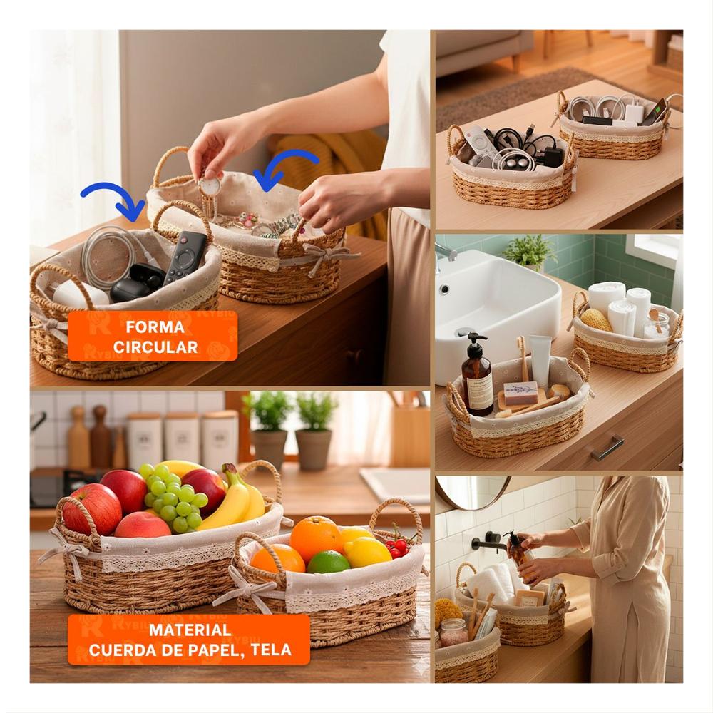 Set 2 Contenedor Ovalado Tejido con Forro Beige y Plomo Decorativo y Funcional Y Ligas Regalo