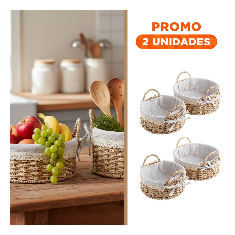 Pack2 Conjunto 2 Bandeja Circular Tejida con Forro Beige y Plomo Decorativa Y Regalo Sticker