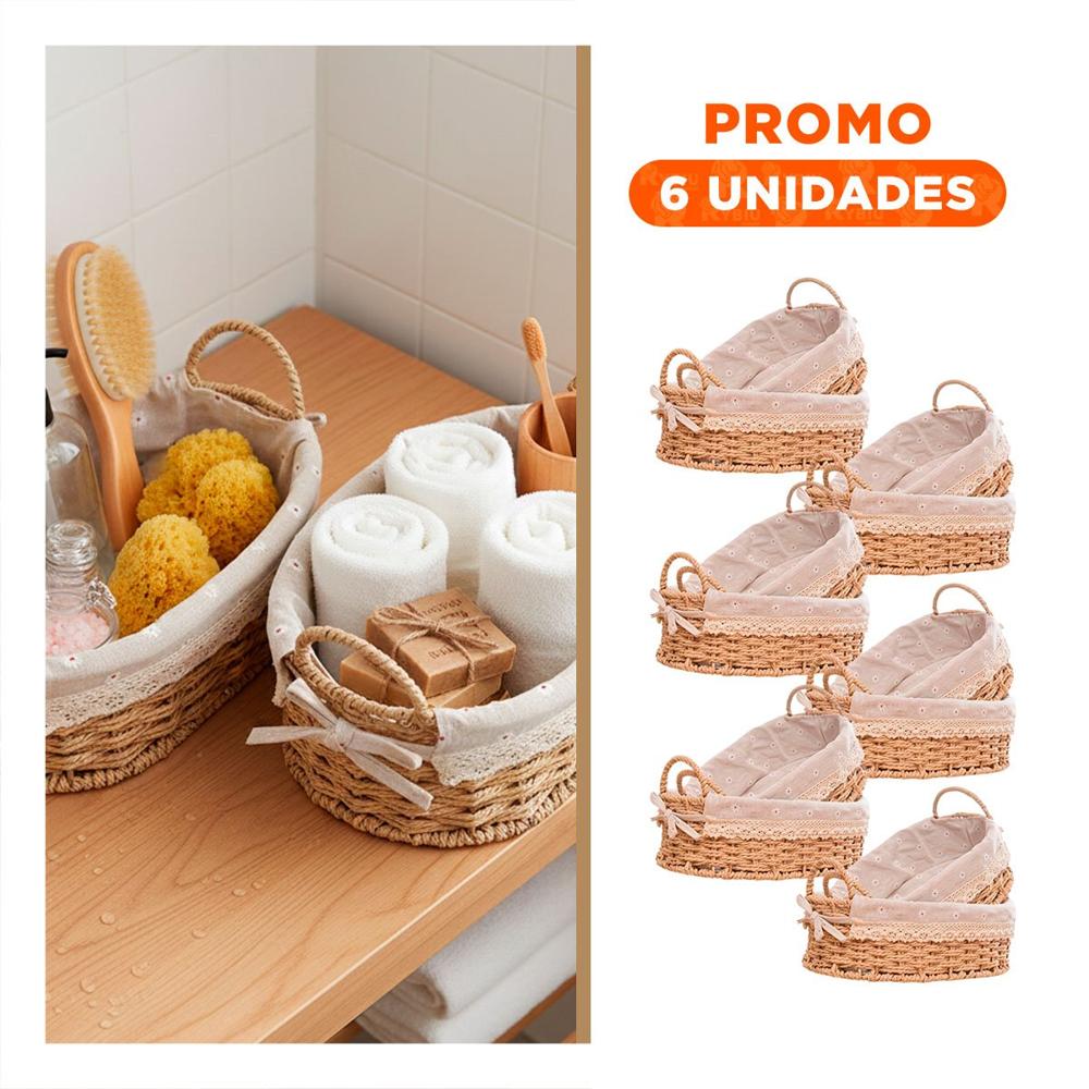 Pack6 Pack 2 Contenedor Ovalado Tejido con Forro Beige y Plomo Decorativo Y Regalo Sticker