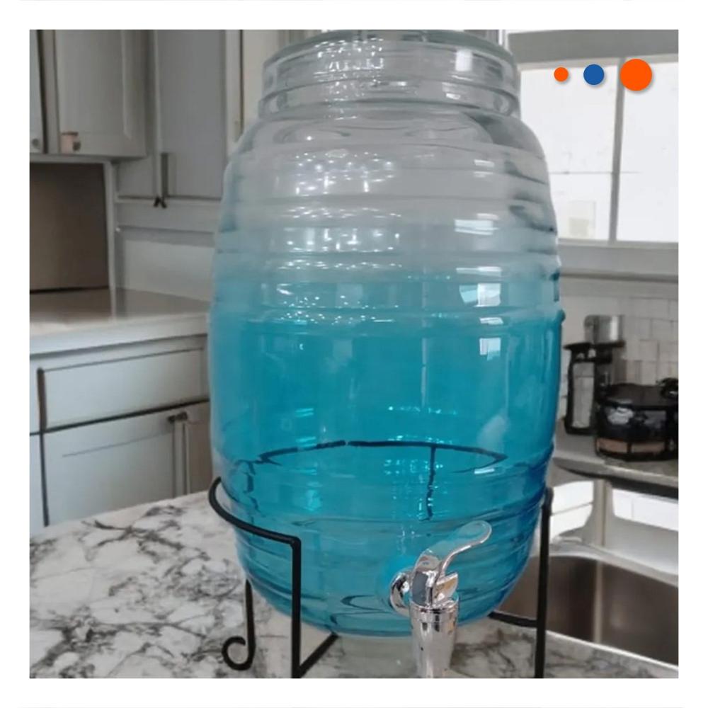 Dosificador de Bebidas 10L con Base Metalica y Tapa Chupon Transparente Celeste Y Papel Regalo