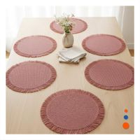 Individuales Circulares para Mesa en Color Rosado con Flecos Tejidos Set de 6 Y notas