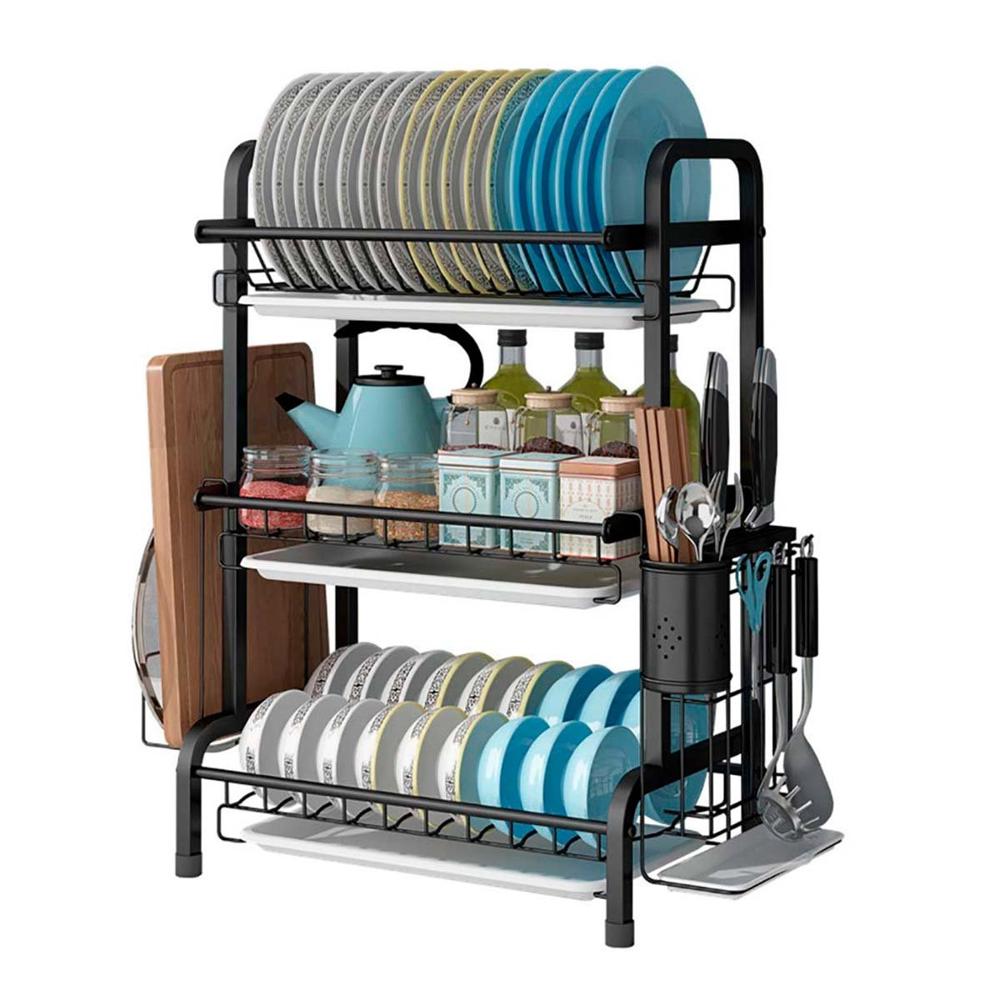 Escurridor de Cocina con 3 Niveles Soporte para Tabla y Utensilios Negro Y Regalo Sticker