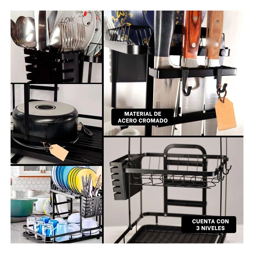Escurridor de Platos Negro con Sistema de Drenaje y Organizacion en 3 Niveles Y Ligas Regalo