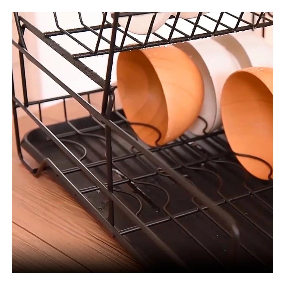 Escurridor de Platos de 2 Niveles con Soporte para Utensilios y Bandeja Negro