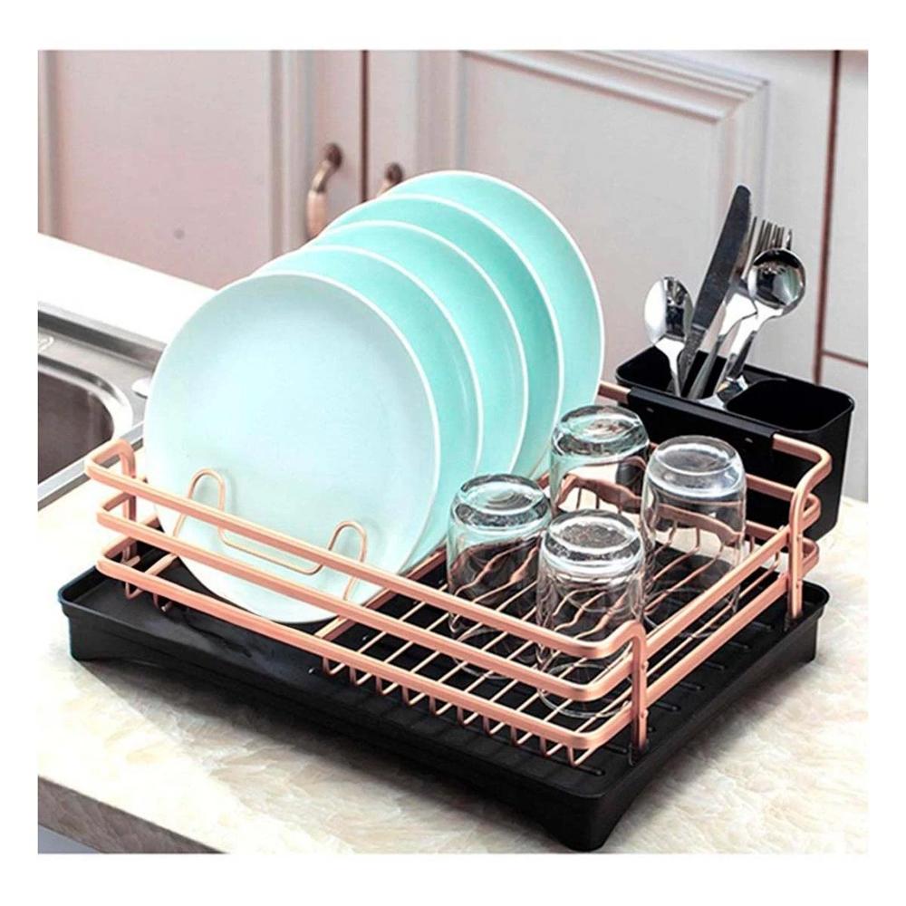 Escurridor de Platos con Soporte para Utensilios y Sistema de Drenaje Oro Rosa