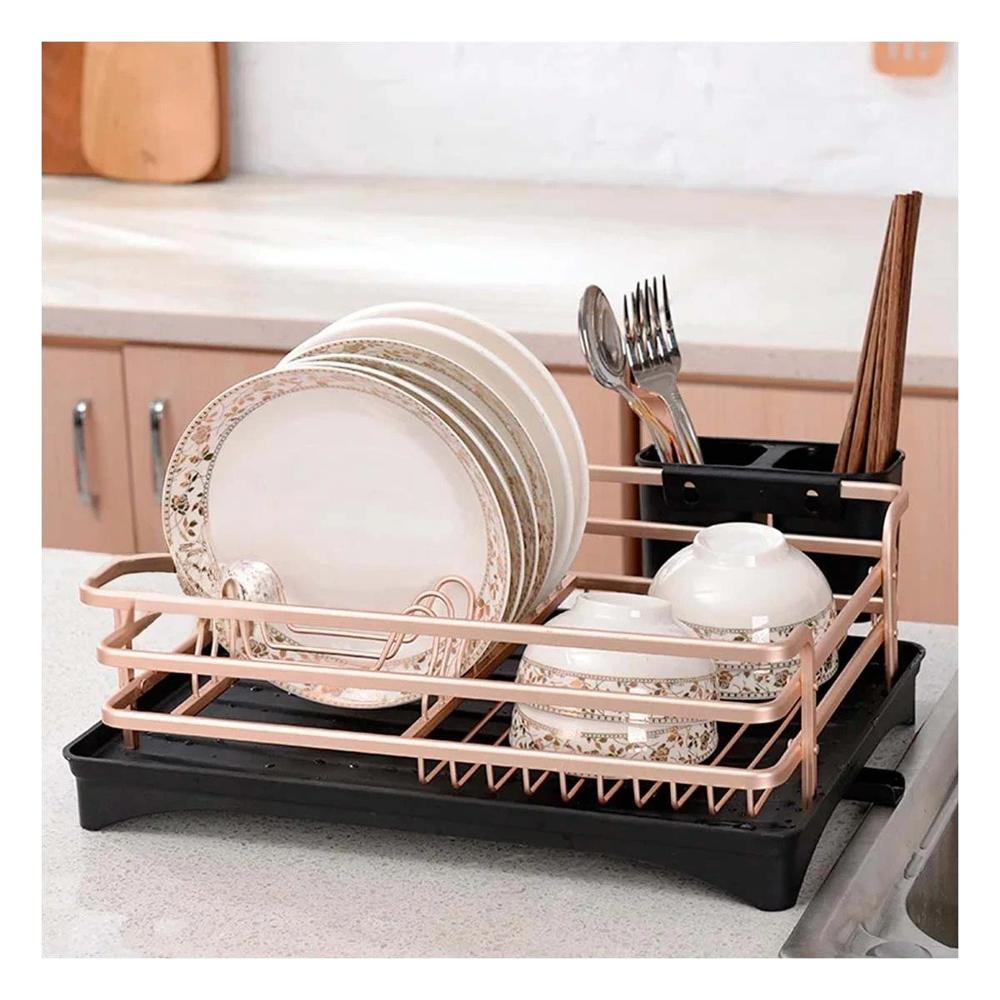 Escurridor con Sistema de Drenaje y Soporte Utensilios Color Oro Rosa Y Notas