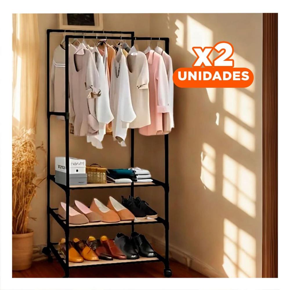 Pack2 Modulo Zapatero 3 Niveles con Perchera Doble Compacto y Elegante Negro