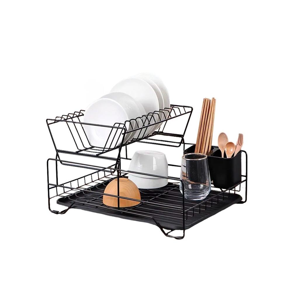 Escurridor de Cocina con 2 Niveles Soporte para Utensilios y Bandeja Negro Y Regalo Sticker