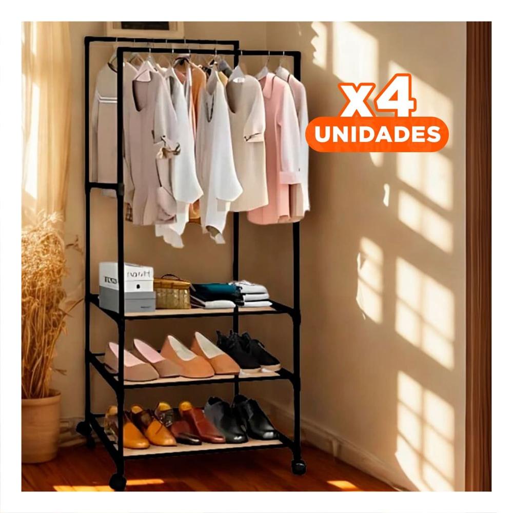 Pack4 Almacenamiento Zapatero 3 Niveles con Perchera Doble Durable Negro YRegalo Sticker