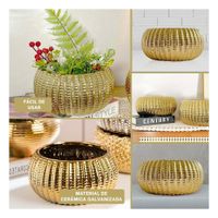 Recipiente Cuenco Ceramica Galvanizada 15x20x10.5cm Dorado Acanalado Decorativo Y Ligas Regalo