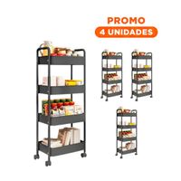 Pack4 Mobiliario Auxiliar de Metal Negro con Cuatro Niveles y Ruedas para Casa