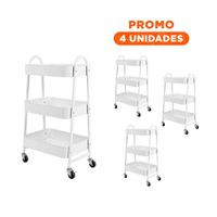Pack4 Organizador movil 3 niveles con ruedas y asas metal blanco para sala