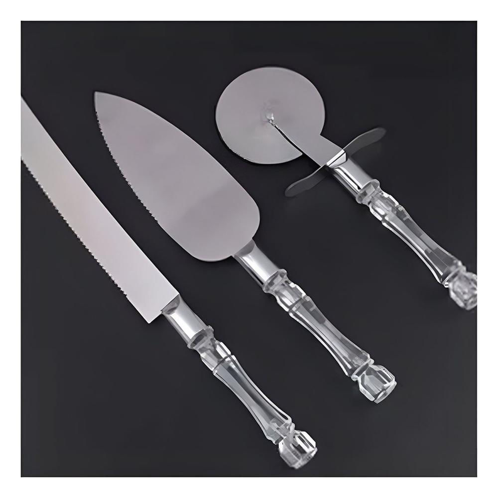 Set de Pastel y Pizza 3 Piezas Cuchillo Espatula Cortador Mango Acrilico Facil Y Papel Regalo
