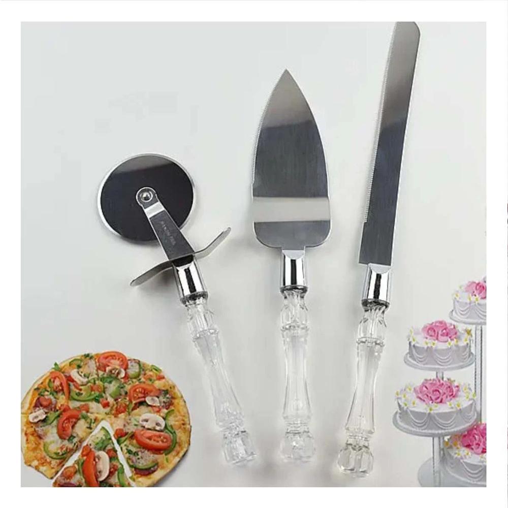 Set de Pastel y Pizza 3 Piezas Cuchillo Espatula Cortador Mango Acrilico Preciso Y notas