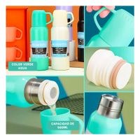 Recipiente Termico de 500ml con 3 Tazas Verde Agua Portatil Moderno Y Ligas Regalo