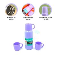 Vaso Termico de 500 ml con 3 Tazas Lila para Casa y Oficina Ejecutiva Y Regalo Sticker