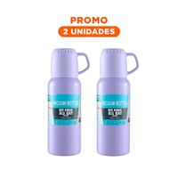 Pack2 Botella Portatil 500 ml con 3 Tazas Lila para Viajes Cortos Y Regalo Sticker