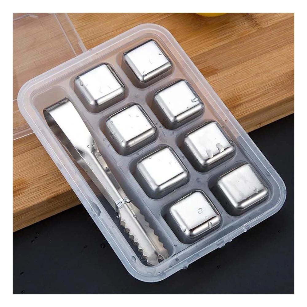 Juego de 8 cubos de hielo de acero reutilizables con pinza plateado