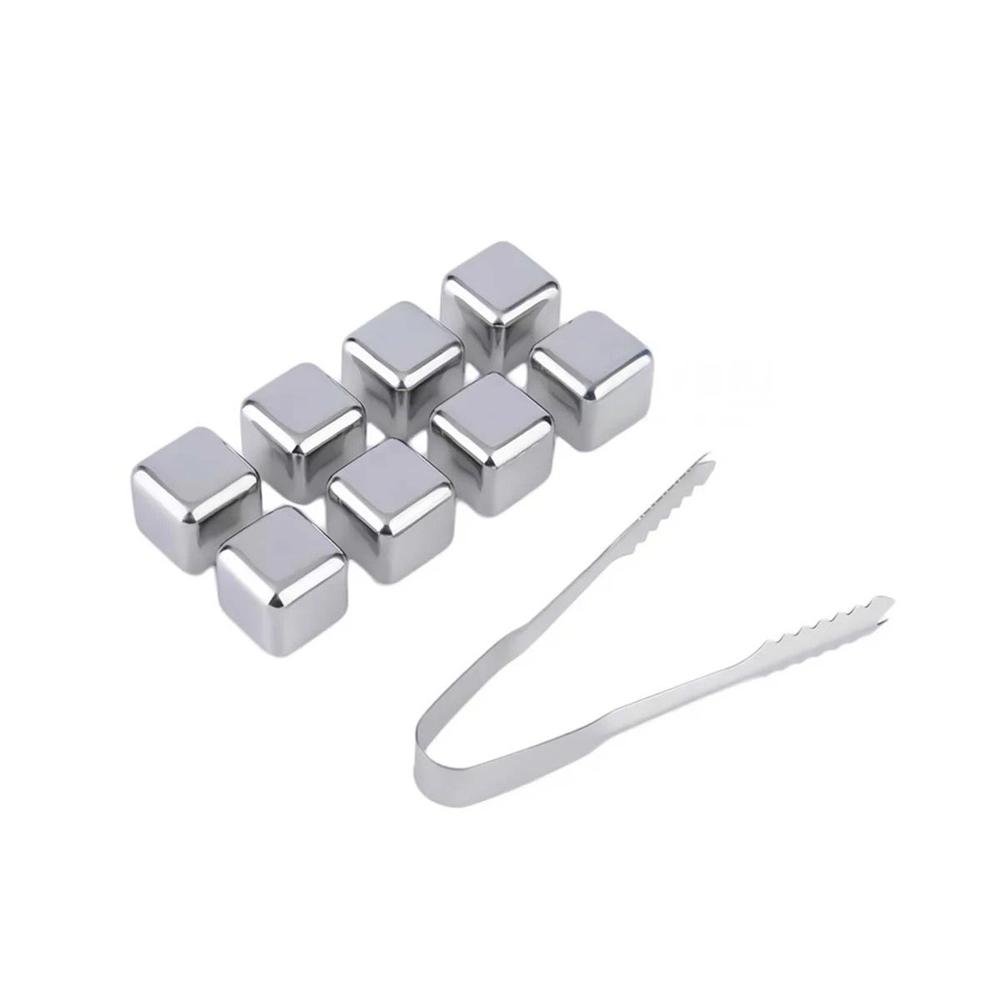 Kit de 8 cubos de hielo de acero reutilizables con pinza plateado Y Regalo Sticker