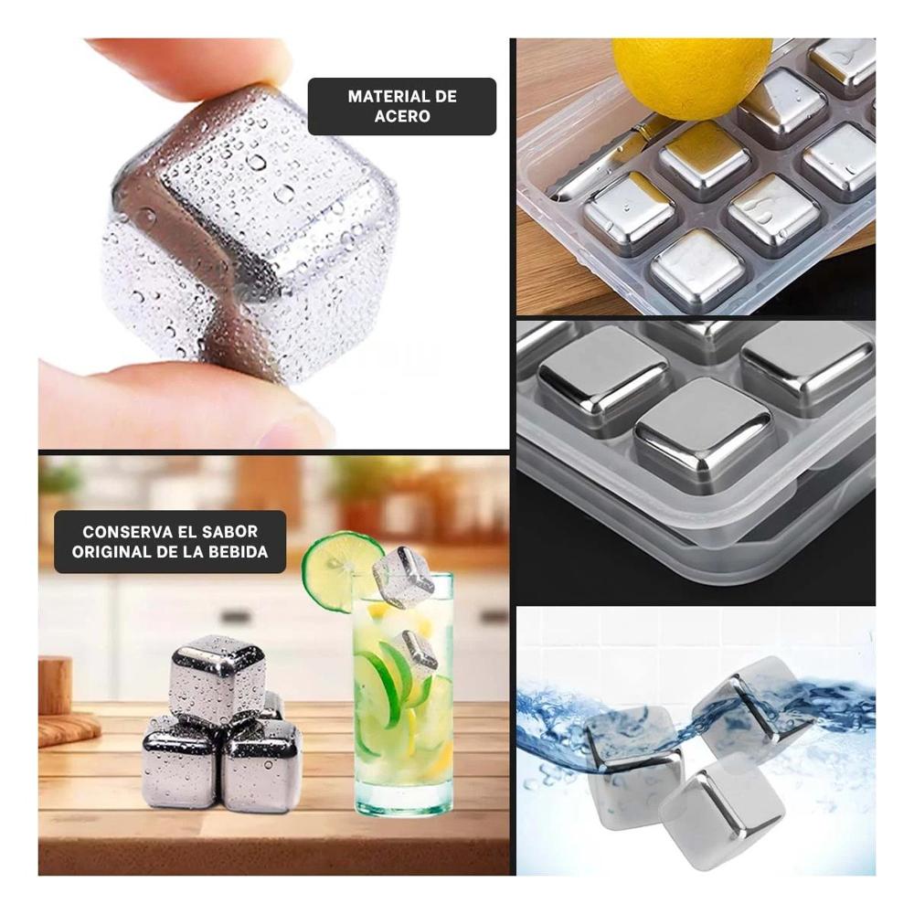 Conjunto premium de 8 cubos de hielo de acero reutilizables con pinza plateado Y Ligas Regalo