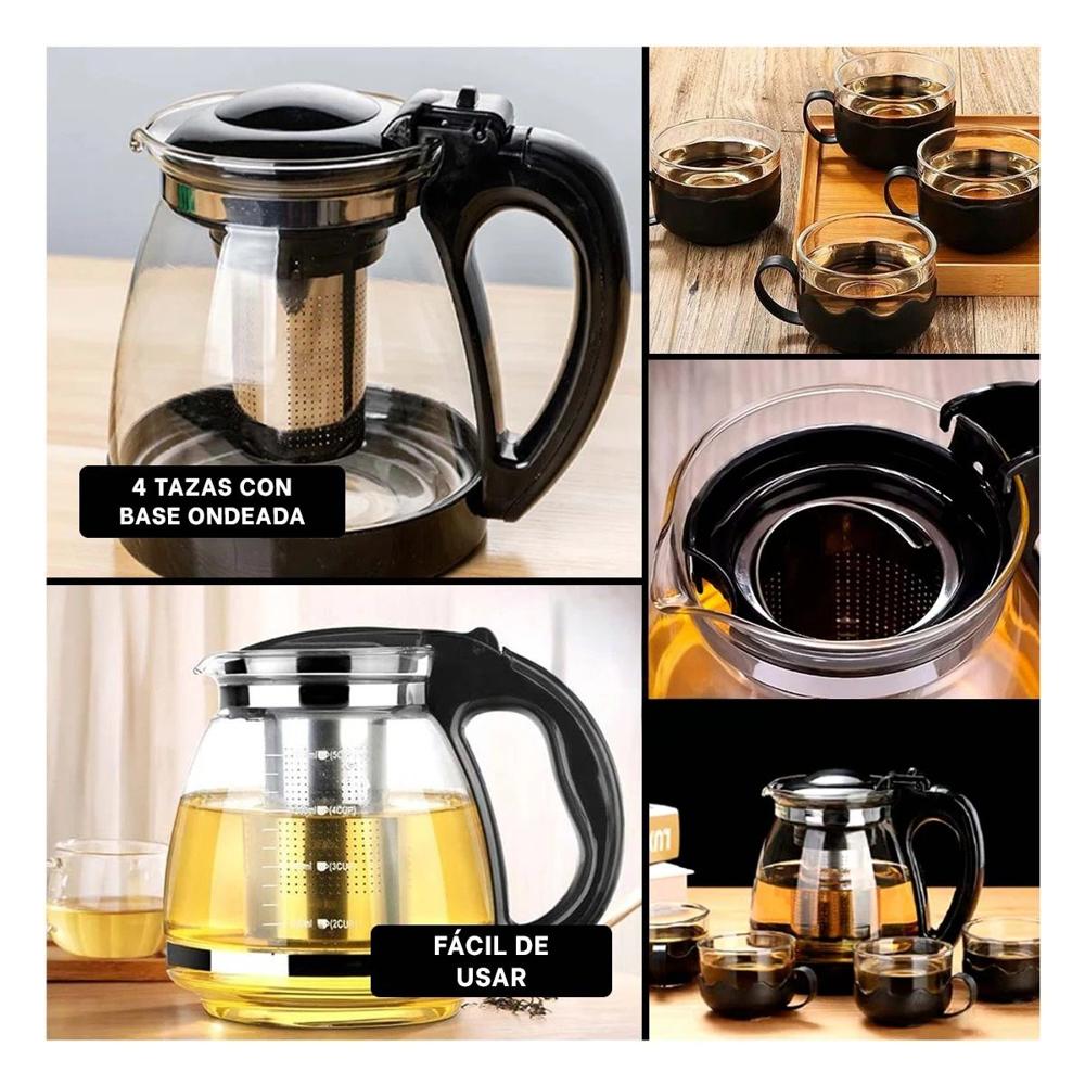 Cafetera de 1000ml con 4 tazas de 150ml transparente base ondeado negro Y Ligas Regalo