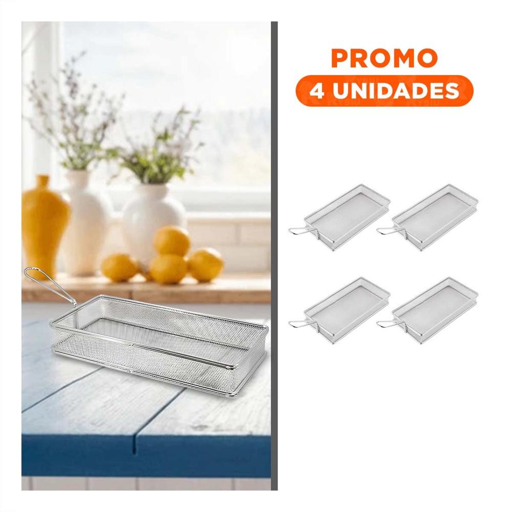 Pack4 Canastilla Compacta para Frituras Plateada 25.5x13x4.5 cm Facil Limpieza