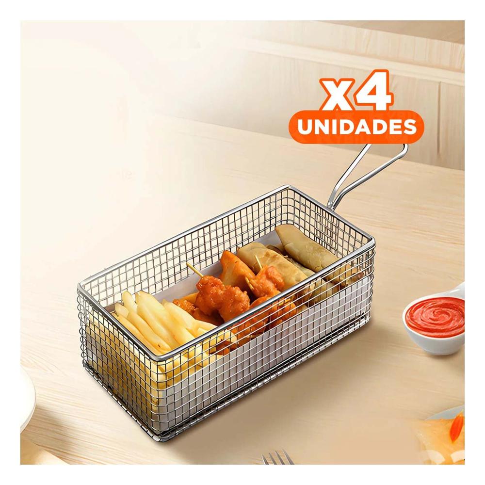 Pack4 Canastilla de Cocina para Frituras Plateada 25.5x13x7 cm Estilo Moderno Y Papel Regalo