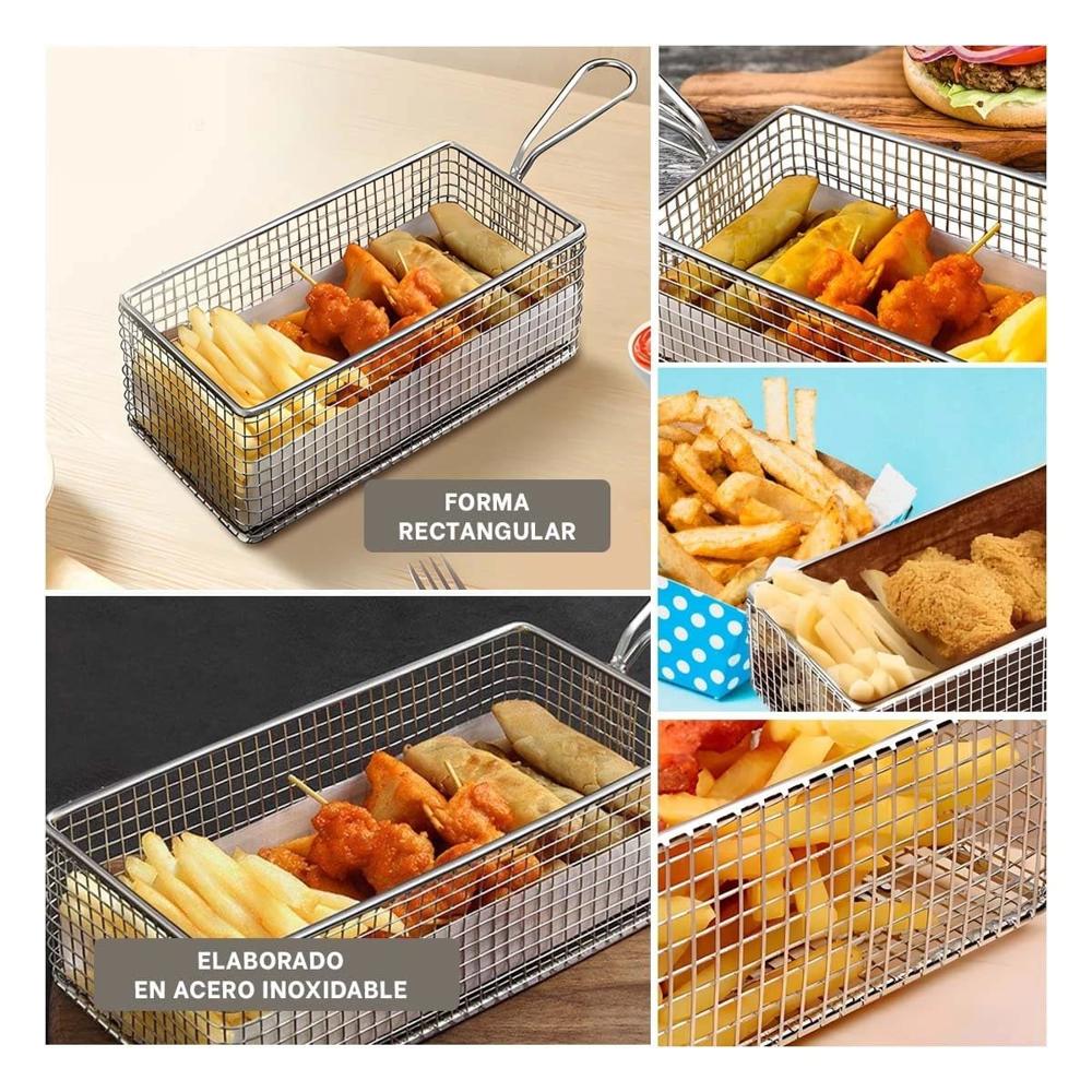 Cesta Metalica para Frituras Plateada 25.5x13x7 cm Estilo Cocina Moderna Y Ligas Regalo