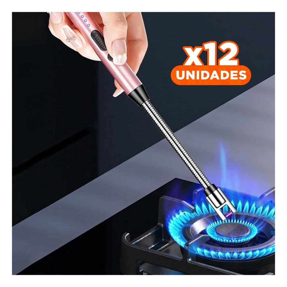 Pack12 Mechero Moderno Recargable Rosado para Parrilla en Hogar Y Regalo Sticker