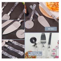 Set de Pastel y Pizza 3 Piezas Cuchillo Espatula Cortador Mango Acrilico Y Ligas Regalo
