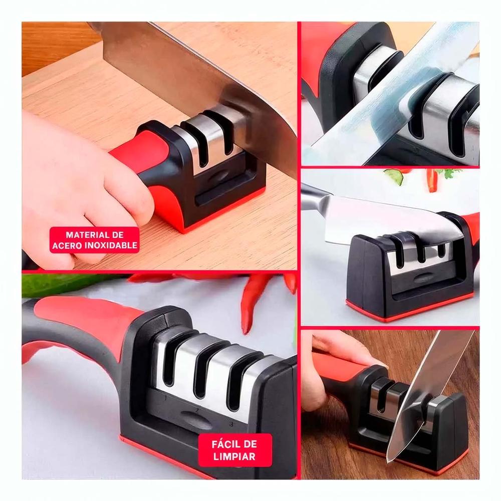 Afilador Compacto 3 Tiempos Mango Plastico Rojo Negro Seguro Durable Y Ligas Regalo