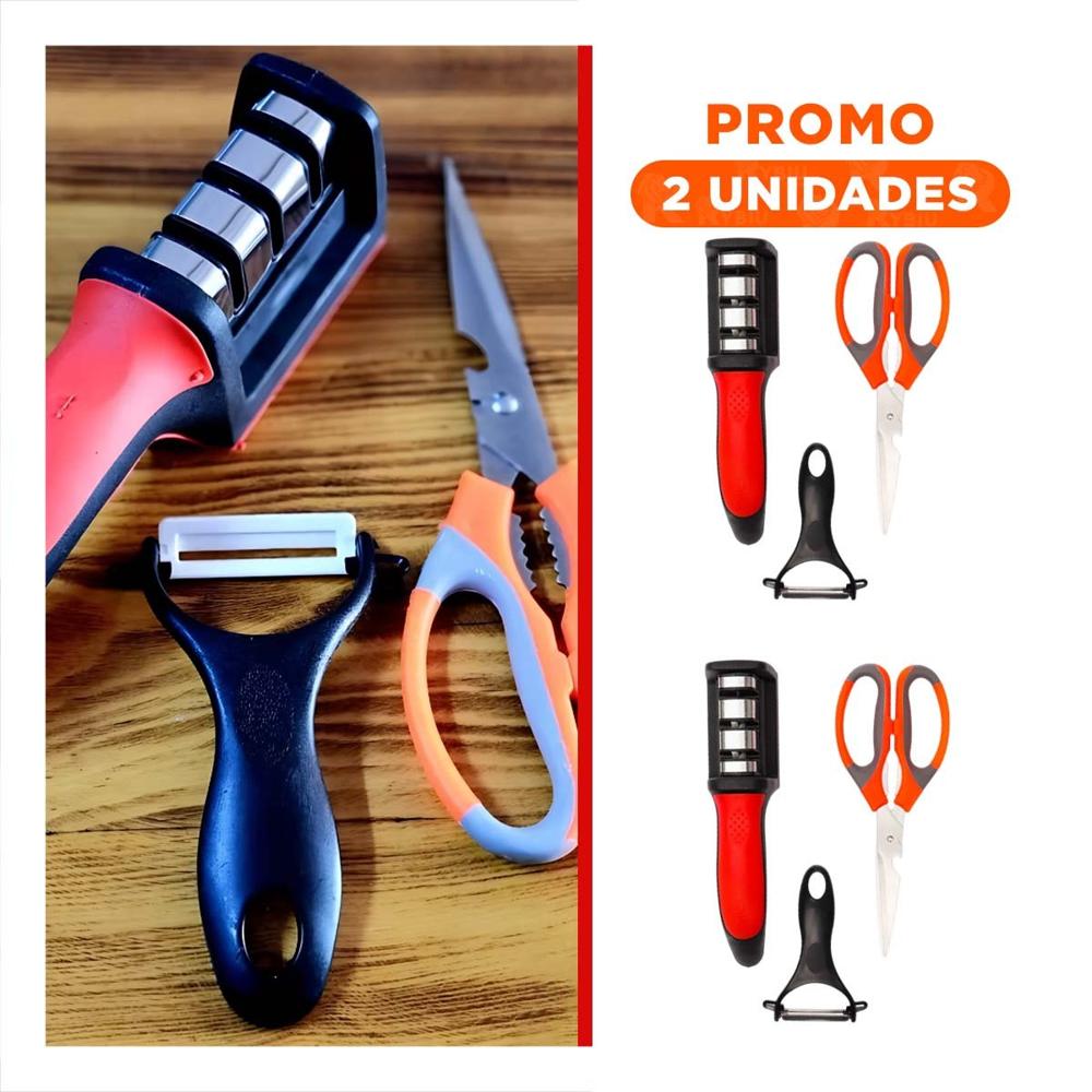 Pack4 Herramientas 3 Piezas Tijera Afilador Pelador Mango Cortes Precisos