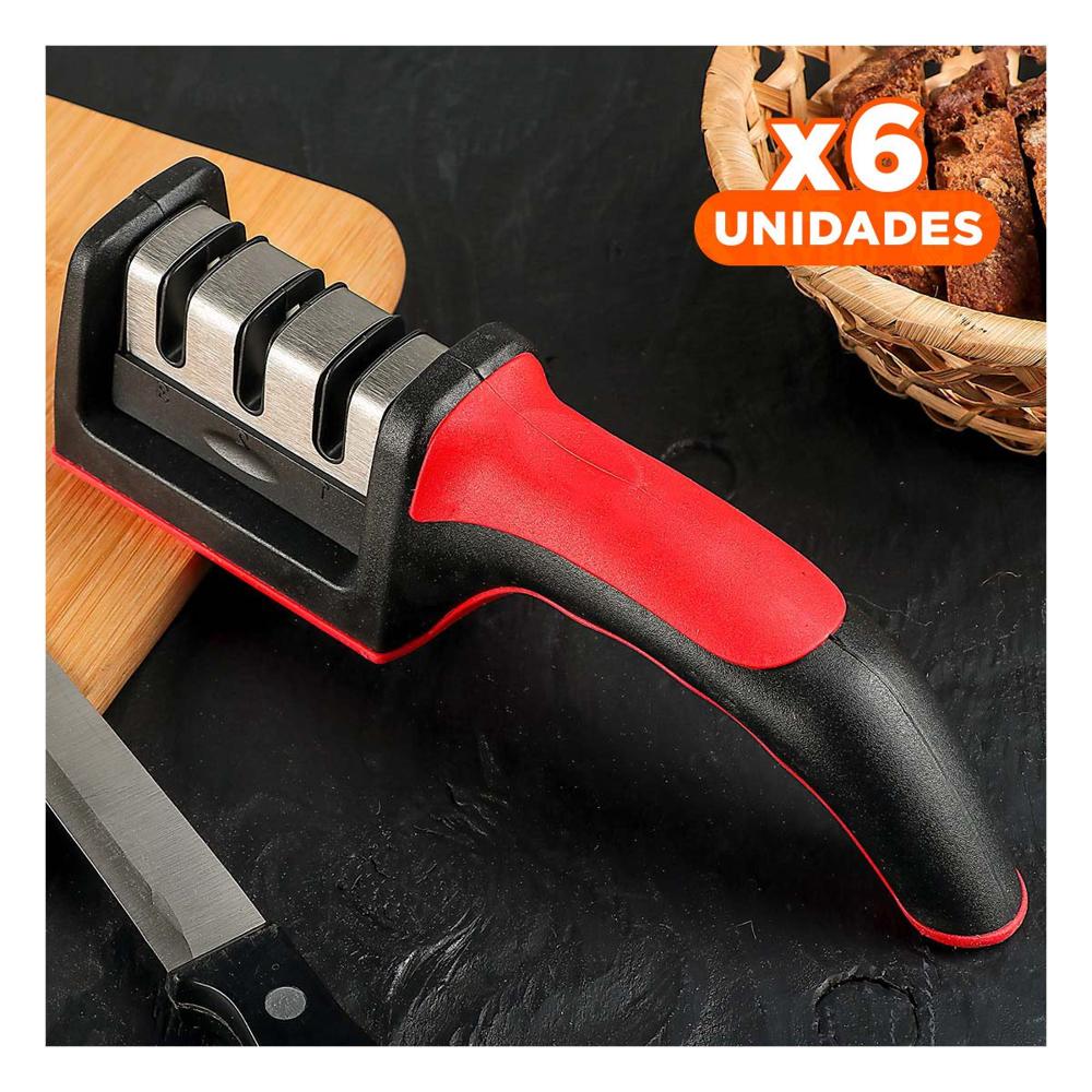 Pack6 Herramienta de Afilado Profesional 3 Tiempos Mango Plastico Rojo Negro Resistente