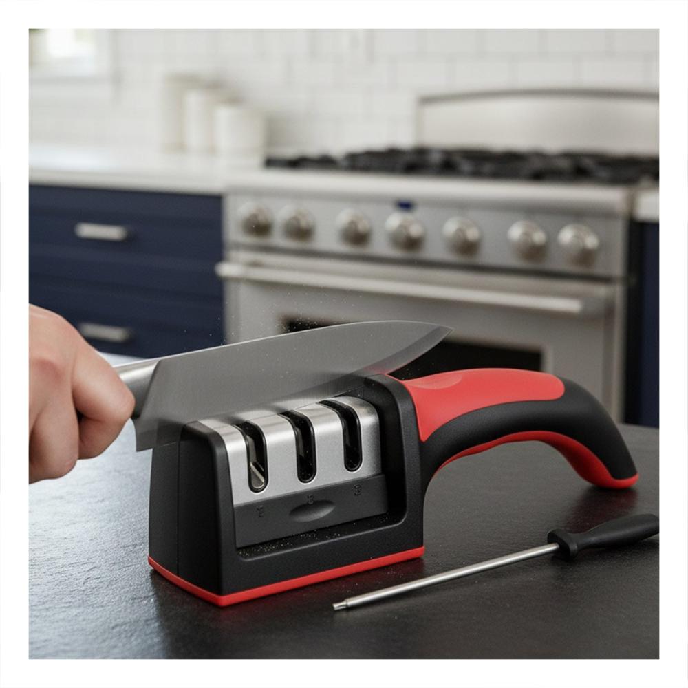 Afilador Cuchillo 3 Tiempos Mango Plastico Rojo Negro Facil Usar en Hogar y Cocina