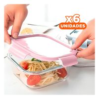 Pack6 Envase compacto de vidrio 410 ml con tapa segura rosado para cocina
