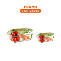 Pack2 Contenedor de Vidrio Verde con Tapa Ajustada y 2 Divisiones Internas Y Regalo Sticker