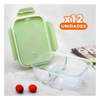 Pack12 Recipiente de Vidrio con 2 Divisiones Amplias y Tapa Verde Y Regalo Sticker