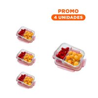 Pack4 Contenedor de Vidrio con 2 Divisiones Color Rosado y Tapa Practica