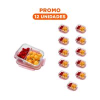 Pack12 Recipiente con Tapa Rosado y 2 Divisiones en Vidrio para Cocina