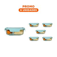 Pack6 Recipiente de Vidrio con 2 Divisiones Color Celeste y Tapa Practica Y Regalo Sticker