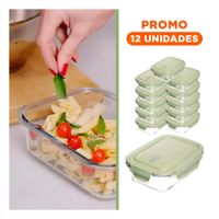 Pack12 Contenedor hermetico de vidrio 410 ml con tapa verde chico hogar