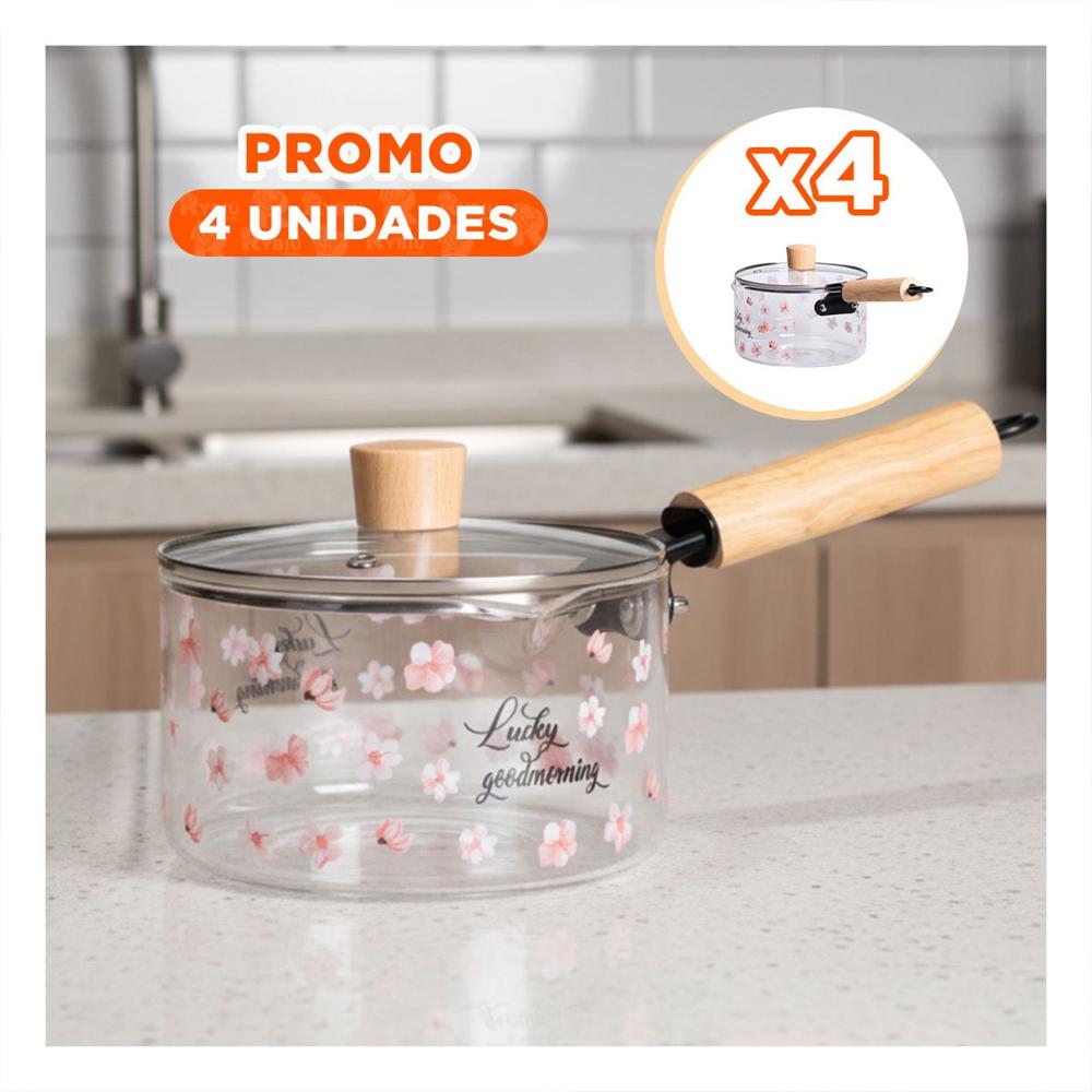 Pack4 Cacerola Elegante para Cocina con Tapa Segura Transparente Flores YPapel Regalo
