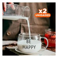 Pack2 Copa Vidrio Transparente 350 ML con Frase Be Happy Moderna YPapel Regalo