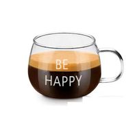 Taza 350 ML en Color Transparente de Vidrio con Frase Be Happy YRegalo Sticker