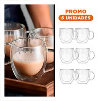 Pack6 Vaso con Espresso Doble Capa 100 ML en Color Transparente Asa Circular Y Regalo Sticker