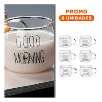 Pack6 Vaso Vidrio Transparente 350 ML con Frase Good Morning Moderna Y Regalo Sticker
