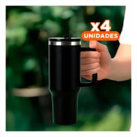 Pack4 Taza con Pico y Asa en en Color Negro Capacidad 1200ML ABS y Acero YPapel Regalo
